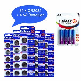 Batterijen CR2025 super lithium - 5 x 5 strips - 25 stuks knoopcel + 4 stuks AA Deleex