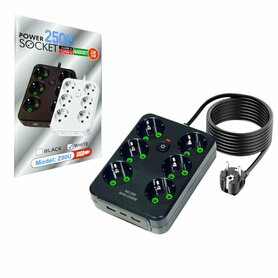 Stekkerdoos met 6 Stopcontacten, 2 USB-poorten + 1 USB-C - 2500W -2 Meter - zwart - Lucky Hawk