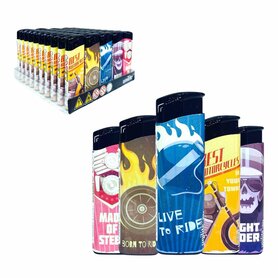Elektrische Aanstekers - klik - Navulbare Fix Flame  - 50 stuks per tray Unilite Rock-'n-roll Print