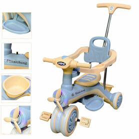Kinder driewieler met duwstang - Muziek en Licht - Blauw - Bruin